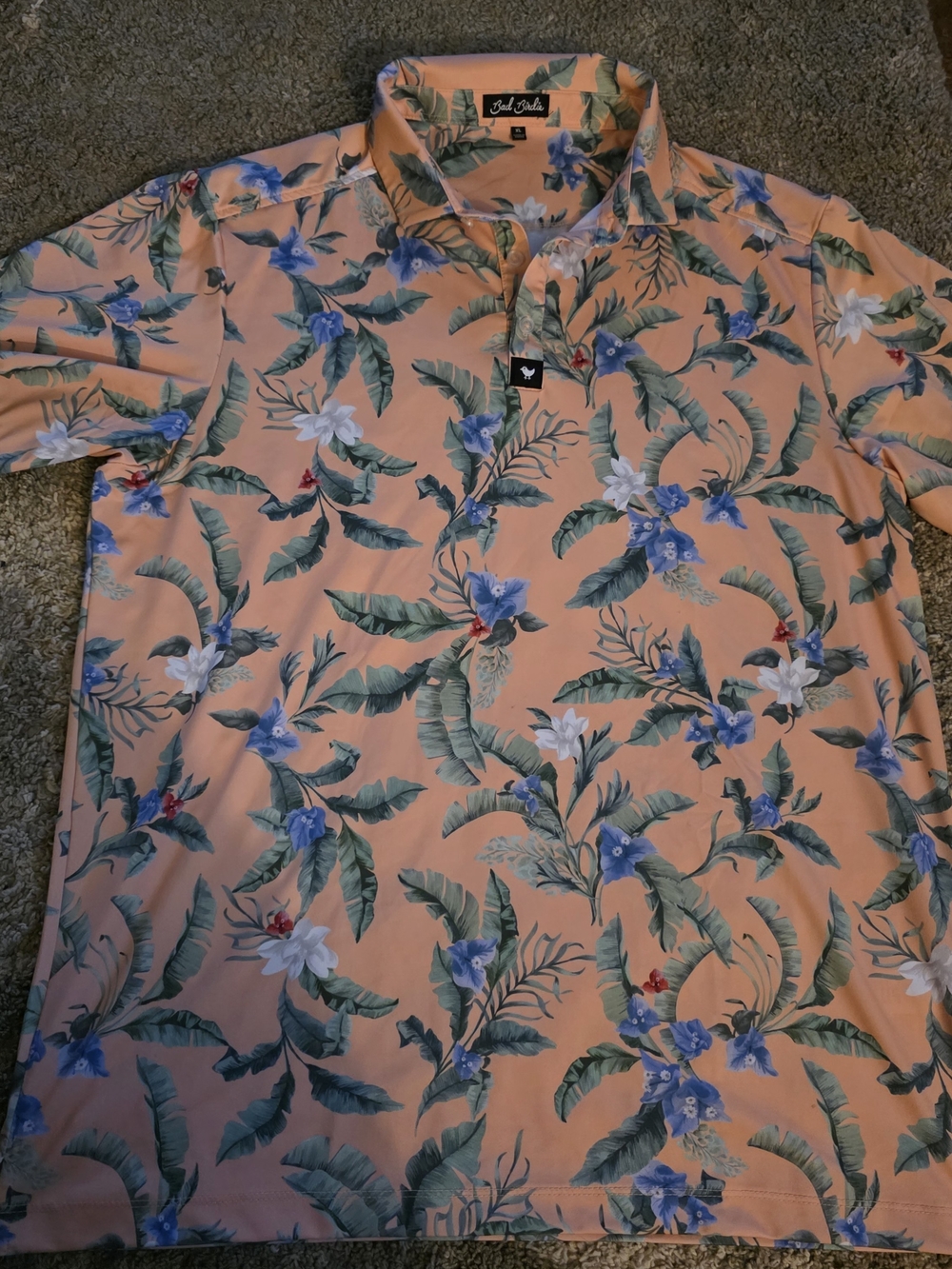 Bad Birdie Peach Tropical Floral Polo with Blue & Green Accents